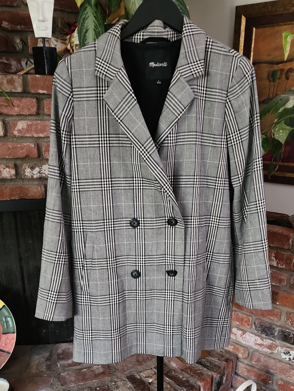 Madewell Gray Glen Plaid Oversized Double Breasted Blazer Career Jacket Women's - Picture 2 of 4